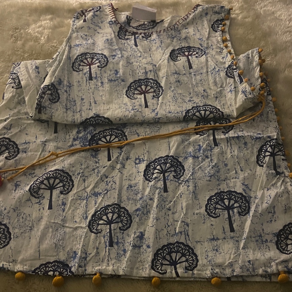 Blue and White Tree Print Top with Yellow Accents